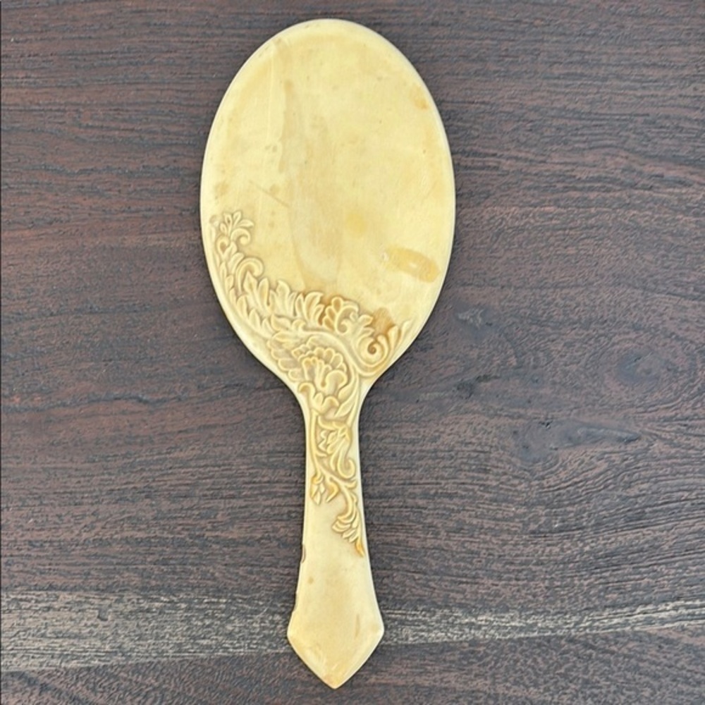 Antique vintage Cream Art Nouveau hand held mirror cream celluloid floral design
